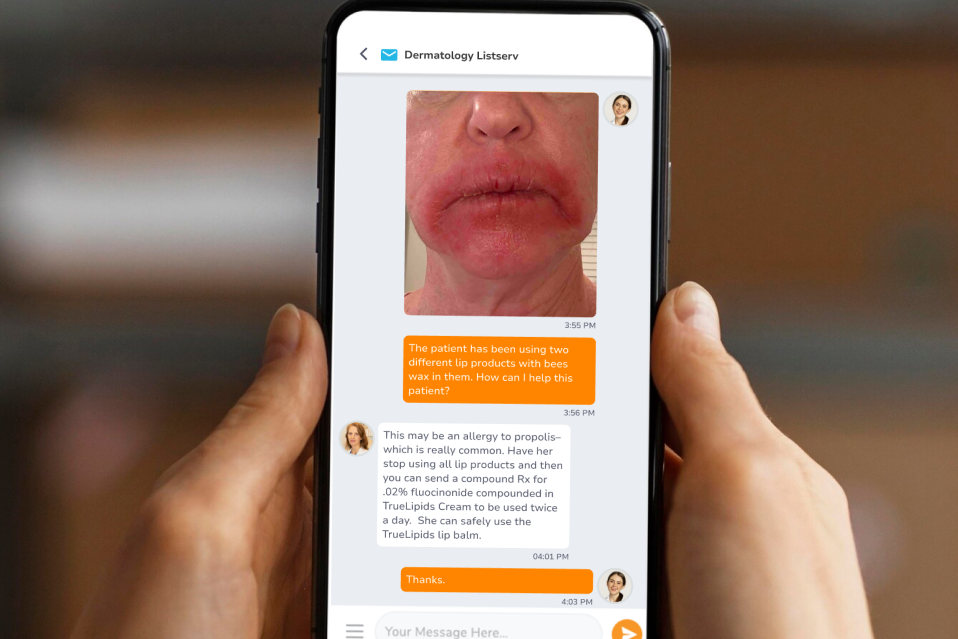 Provider using the ExpertDerm Consult dermatology listserv on a smartphone