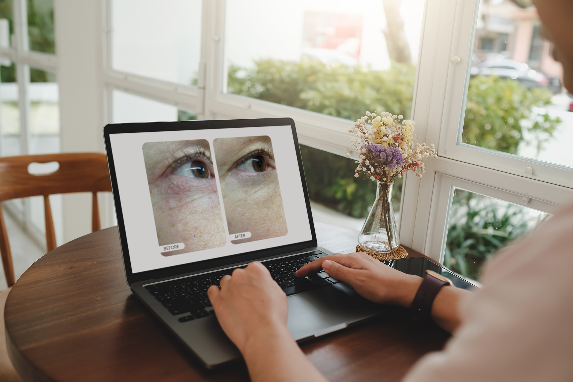 Clinician reviewing before and after dermatology images on a laptop